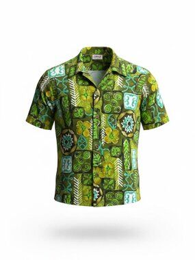 Hawaiian Sands Men's Vintage 60s Hawaiian Green Tribal Camp Aloha Shirt